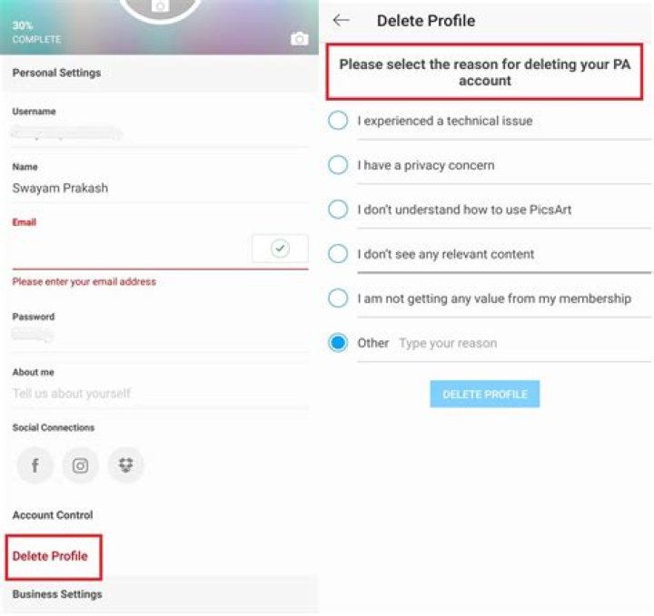 How to delete picsart account