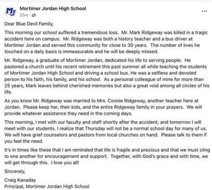 Who died in the Mortimer Jordan High School bus accident? Classes dismissed following teacher’s death